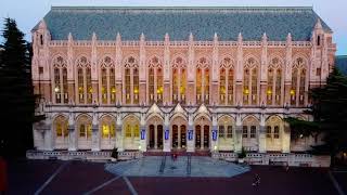 Suzzallo Library University of Washington Ariel Drone Shot Sunset