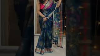 Teal blue printed saree with Pink silk sleeveless blouse | How to drape a saree? #sareehaul