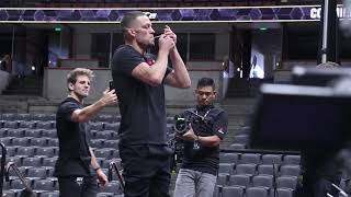 Nate Diaz smokes a CBD joint for his open workout at UFC 241