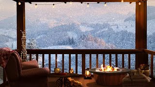 Cozy Winter Porch Ambience | Fireplace Ambience  and Snowfall in the Mountains