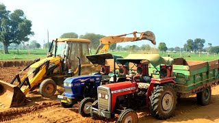 Jcb 3DX Eco Backhoe Loading Field Red Mud | Eicher 380 | 2 Massey 1035&241 Tractor with Trolly