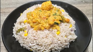 corn pulao and prawn coconut curry recipe | coconut prawn curry| malabar prawn curry| coconut shrimp