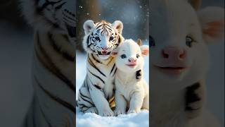 Cute tiger and little cow, playing in the snow, cutest animal #cute #shorts