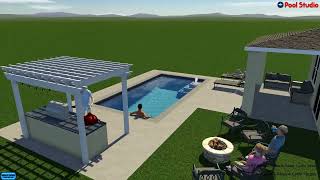 Rectangle with Bubbler, Full Width Swimout Bench, Pergola and Outdoor Kitchen