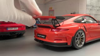 Handmade Diorama Auto Shop featuring Lava Orange Porsche 911 GT3RS 991 Diecast Model Car