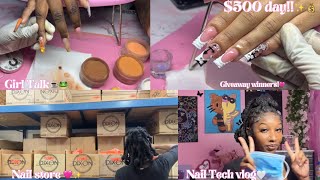 LIFE AS A NAIL TECH VLOG 🫶🏽 | $500 day 💰, girl talk🐸☕️ , Nail store run 🩷, 12 hour shift✨