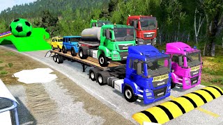 Double Flatbed Trailer Truck vs speed bumps|Busses vs speed bumps|Beamng Drive|BEAMNG4K#24