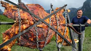 1200 Pounds Bull Roasted on a Rotating Spit! A Huge Meat Compilation