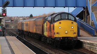 (4K) colas Rail freight class 37 nos locomotive 37116 grows away form Swinton