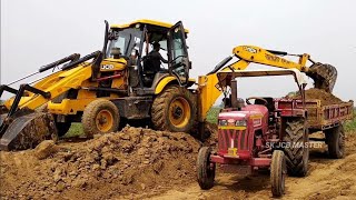 Jcb 3dx Backhoe Loader Machine Loading Mud In Mahindra 475 Di & Powertrack 434 Ds Plus Tractor | Jcb