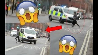 [VERY NEAR MISS] - Police van responding + pedestrian almost hit! + arrest