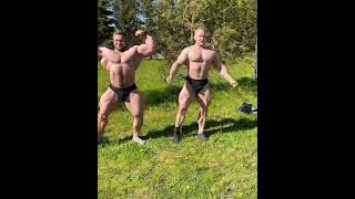 Muscle bulls Vitaliy Ugolnikov & Nikita Krivoshein side by side posing