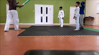 Using a foam noodle for first time in Karate