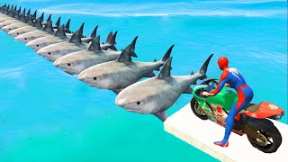 SPIDERMAN and Motorcycles with Shark Ladder and Superheroes Challenge - GTA 5