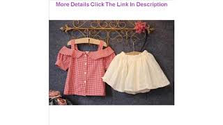 Review Children Girls Clothes Princess Off-the-shoulder Short-sleeved Plaid T-shirt Short Skirt 2PC