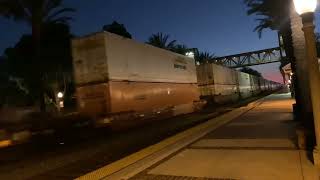 East bound manifest meets a westbound stack train at Fullerton station