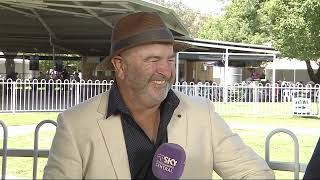 Gundagai Adelong Racing Club President, Jeremy Pearce, talks with Graeme White