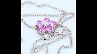 Precious Pink Sapphire Flower Necklace in 18k White Gold with Surprise Diamond