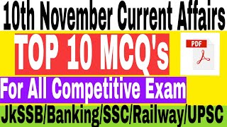 10th November Current Affairs|Daily Current Affairs|Current Affairs in English|MISSION JKSSB