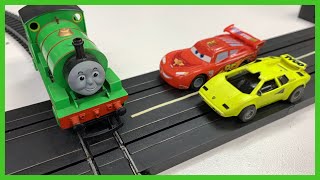 Slot Cars vs Trains - Hornby Percy vs Lightning McQueen - HO Scale on Tyco Road & Rail set