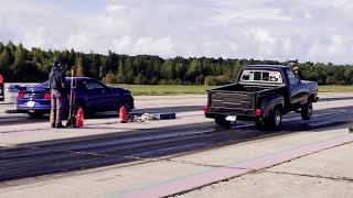 Ford Mustang GT 5.0 Supercharged vs '79 Dodge D150 Stepside 440cid 1/4 mile drag race