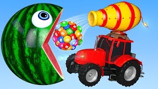 PACMAN Eat Tractor and m&m on the Farm as Change Colors Street Vehicle for Kid Children