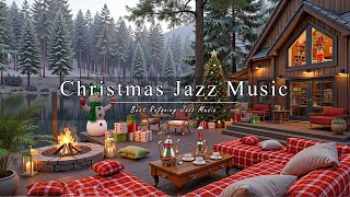 Christmas Cafe Porch Ambience with Snow Falling 🎄 Christmas Jazz Music for a Relaxing Holiday