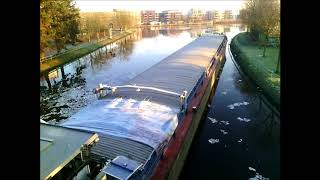 Cargo ship Szczecin "Stettin" in dangerous ice maneuver Hunte river Oldenburg,  Germany