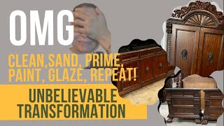 HUGE Furniture Makeover| 5 Extra Ornate Pieces| Glazing a GIANT bedroom suit