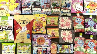 ごはんのお皿にお菓子をたくさんのせていくよ　アンパンマン、トーマス、ポテトチップス、チョコレートのお菓子が登場するよ！