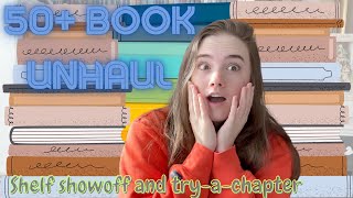 Massive 50+ Book Unhaul 📚📚 The least aesthetic shelves you've ever seen and try-a-chapter