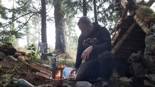 Bushcraft camp overnighter after the storm's. Campfire Bacon and coffee. killer trees.