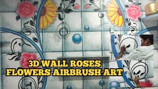 Rose flowers airbrush 3d wall painting||Rose flowers airbrush art||airbrush art ideas