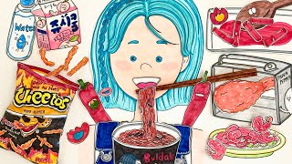 [🔥paperdiy] Red Food Mukbang 불닭볶음면, HOT치토스, 양념치킨, 홍고추, 칠리새우, 떡볶이 먹방 ASMR 🔇No music 종이놀이