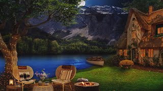 Cozy Spring Night Ambience | Spring Lake Cottage & Nature Sounds, Lapping Waves, Campfire