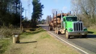 GREEN PETERBUIT LOG TRUCK WITH FRIENDLY DRIVER BLOWING HORN.