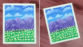 HOW TO DRAW CLOUDS, HILLS AND FLOWERS | EASY LANDSCAPE PAINTING |  ACRYLIC MOUNTAIN PAINTING #45