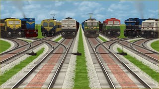 5+3 TRAINS CROSSING ON BUMPY FORKED CURVE RAILROAD TRACKS | Train Simulator | Train videos | trains