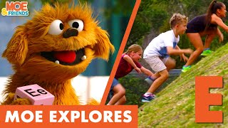 Moe Explores the Letter E | Exercise, Earthquake & Envelope | Kids Learn About The World Around Them