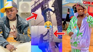 Watch: Singer Portable fall on Stage after climbing Stage Pillar to perform