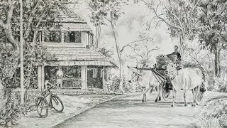 Bullock Cart & Village Road Drawing In A Simple Pencil Landscape Scenery Art