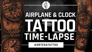 TATTOO TIME-LAPSE #038 | AIRPLANE AND CLOCK BLACK AND GREY