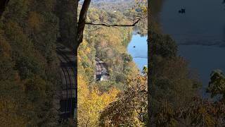 Mountain top view of a train on a beautiful fall day #freighttrain #locomotive #fallcolors