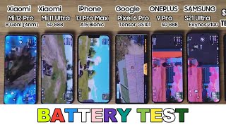 OnePlus 9Pro vs Xiaomi 12Pro vs iPhone 13 vs S21 ultra vs Pixel 6 vs MI 11 Ultra Battery Drain Test!