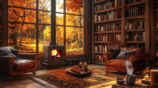 4K Smooth Jazz Music and Fireplace Sound in Autumn Cozy Cabin for Stress Relief, Work, Study 🍂