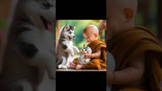 នេនតូចនិងកូនឆ្កែហាសស្គី Litte cute monk with Husky