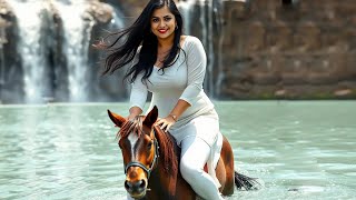 [4K HD] A photoshoot of some beautiful girls crossing a river on a small horse