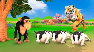 Funny Monkey Dad Take Care of Cows | Tiger vs Cow Cartoon | Animals Game Tv