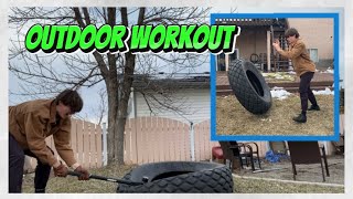 Outdoor Workout with Tire, and sledgehammer