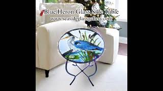 Breathtaking Blue Heron Glass Side Table – 12″ Diameter Top